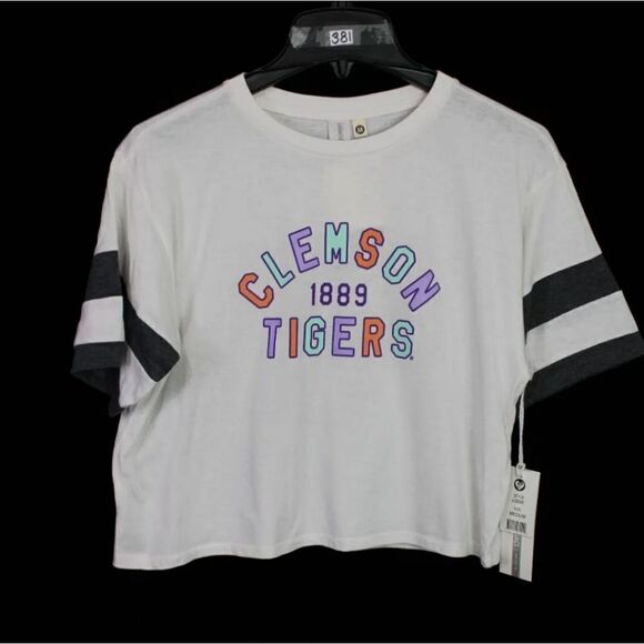 SUMMIT JORDYN CREW NECK CROPPED TEE WITH SLEEVE STRIPES CLEMSON TIGERS M NWT - Picture 1 of 8